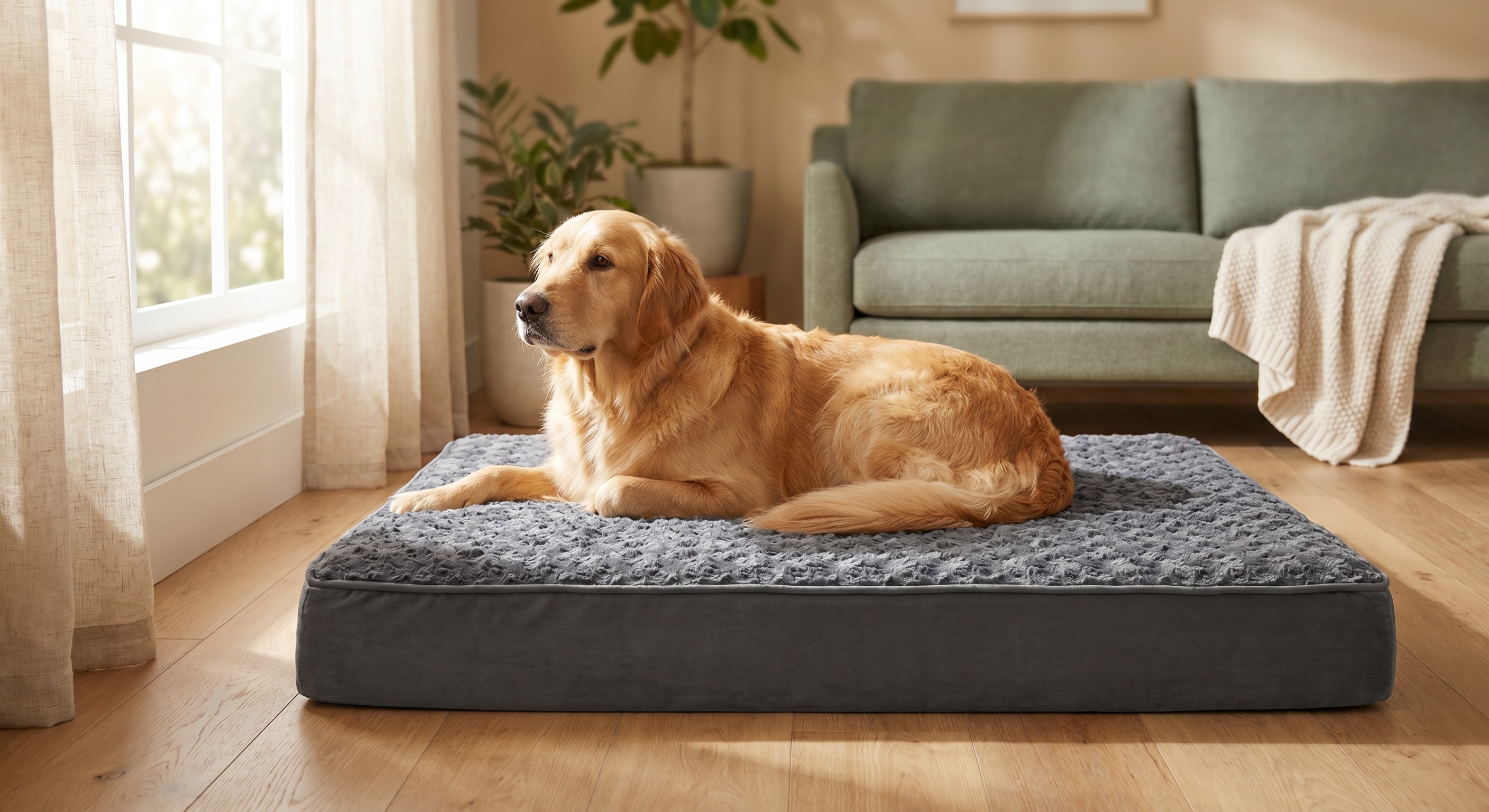 Golden retriever resting on a Loftpaw orthopedic dog bed