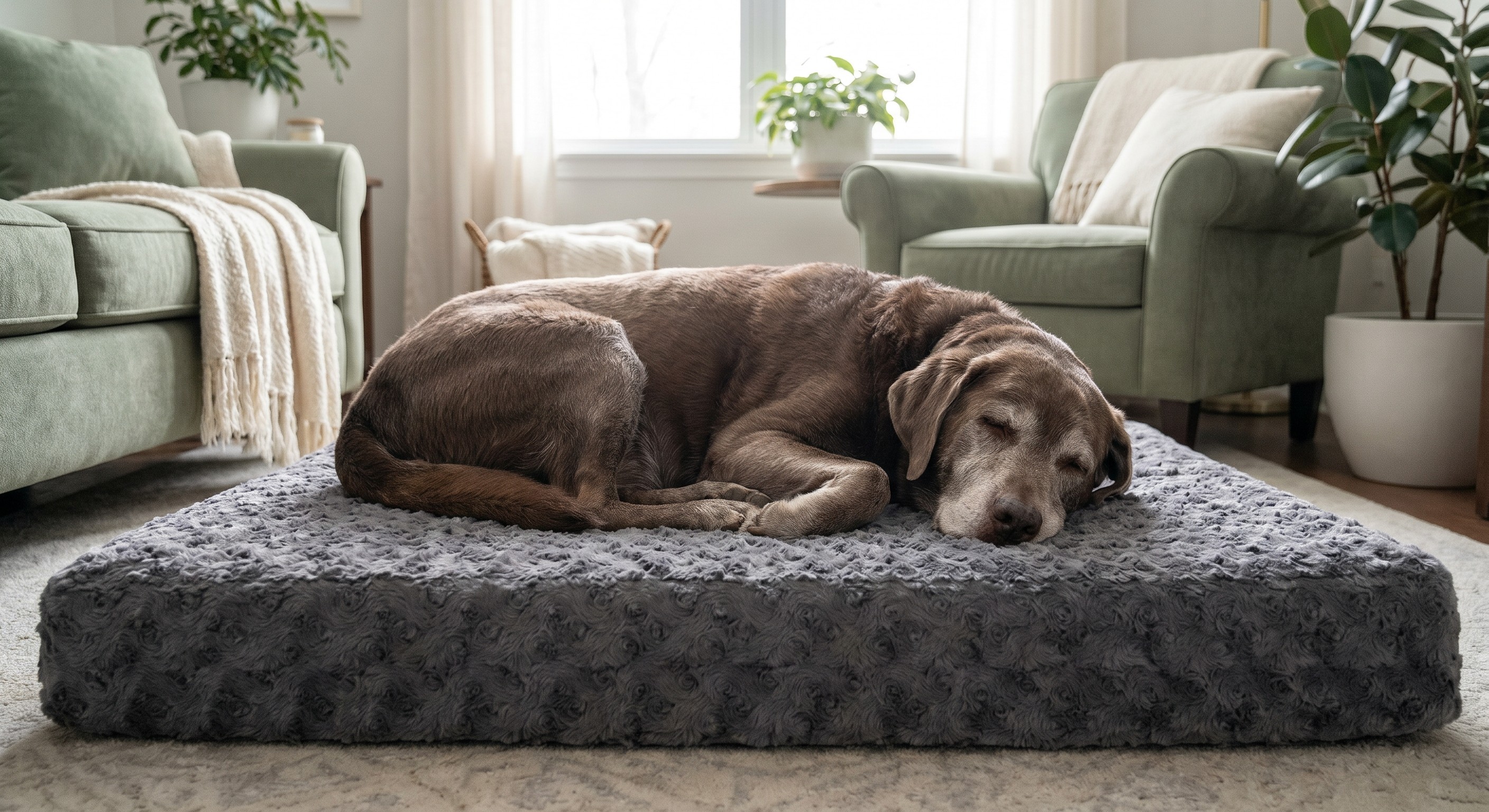 A senior dog sleeping peacefully on a Loftpaw bed