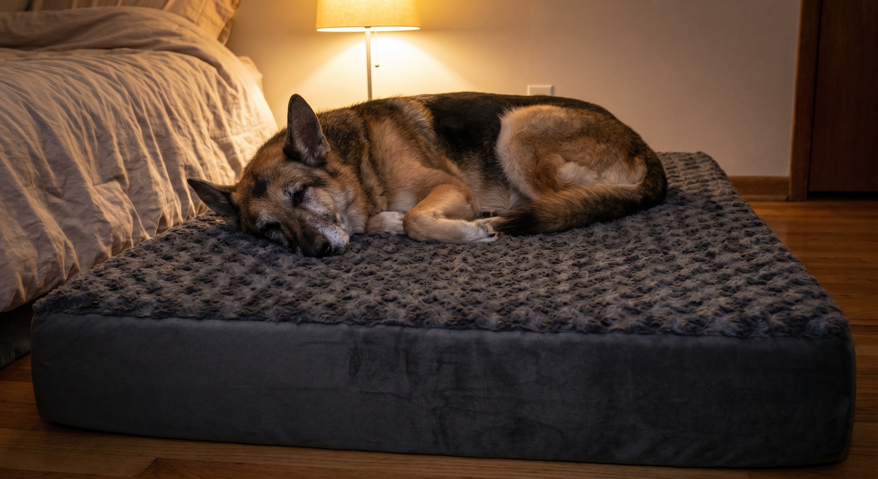 A calm senior dog sleeping deeply on the Loftpaw bed